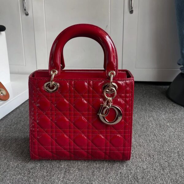 Christian Dior Lady Dior Medium Patent Bag in Red Maroon